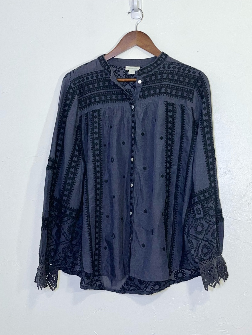 Sundance Corrine Romance Embroidered Blouse Caviar Gray Boho Lace Cuff Top - Picture 4 of 9